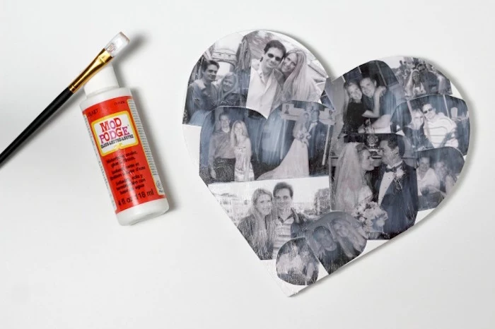 black and white photos arranged on the heart covered with mod podge cute things to get your boyfriend for valentines day step by step diy tutorial
