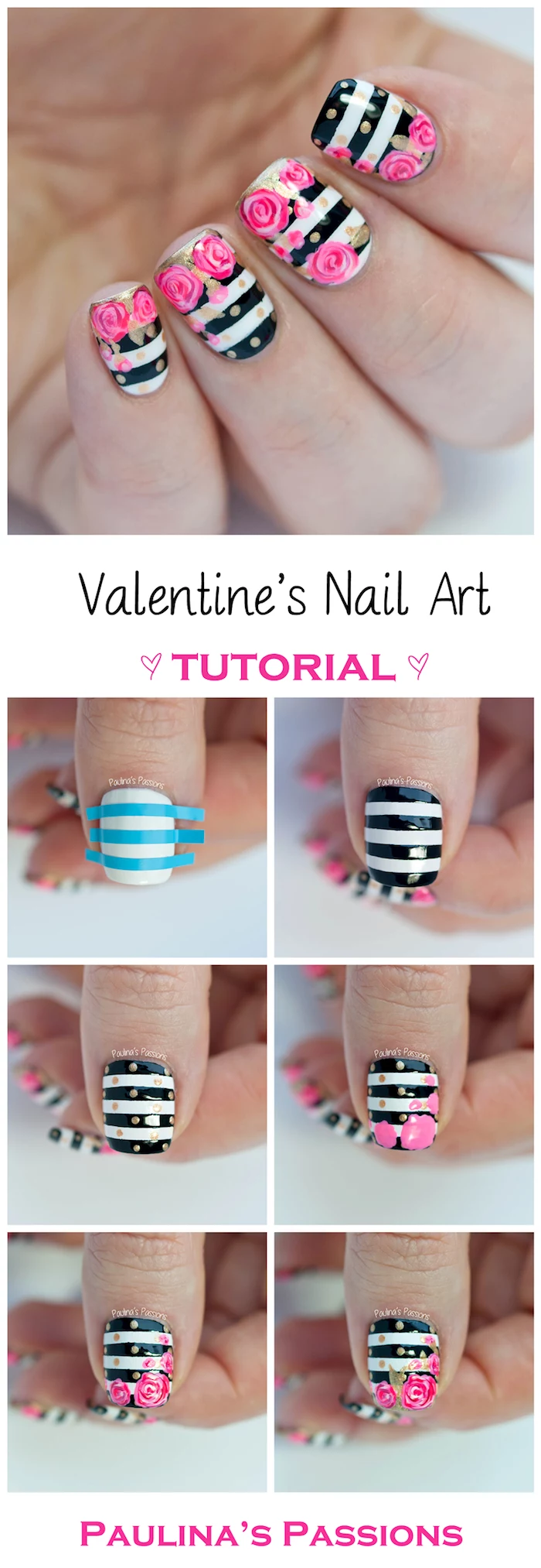 black and white striped nail polish valentines day nails coffin shape pink roses decorations step by step diy tutorial