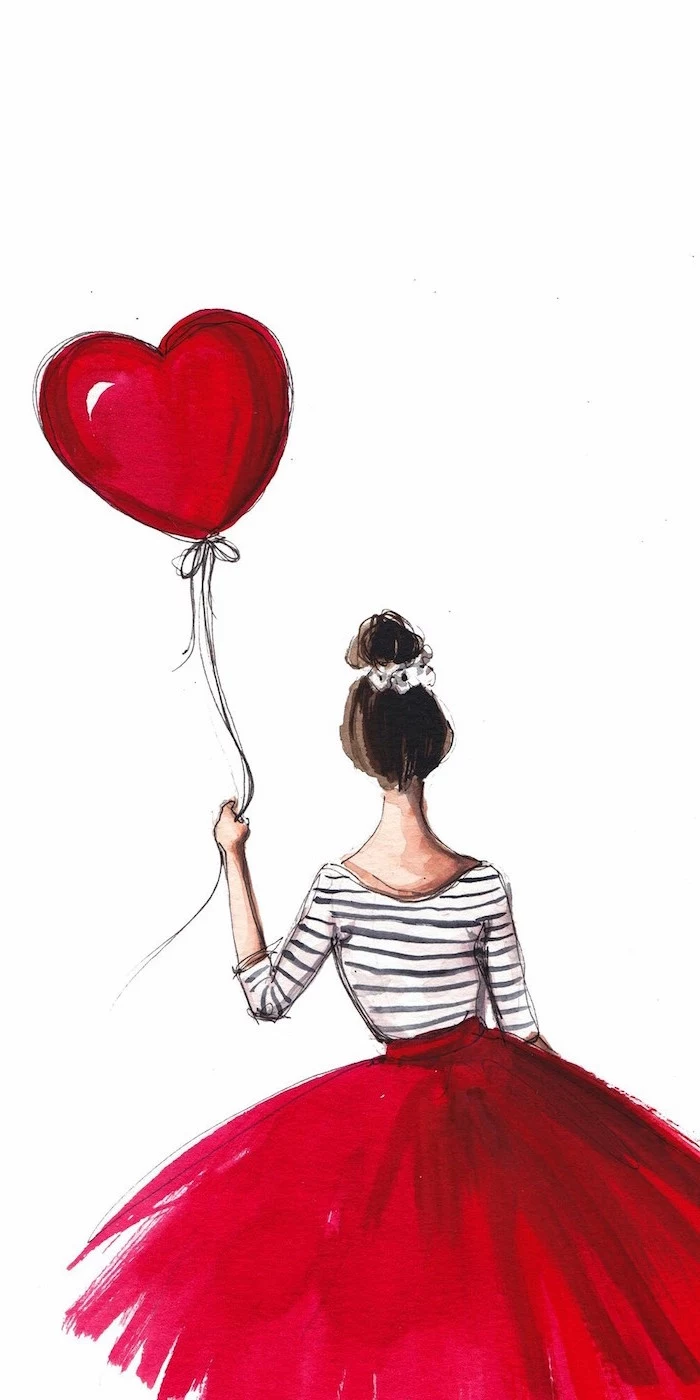 black and white striped top red skirt worn by girl with brown hair in a bun valentines wallpaper holding a red heart shaped balloon drawing