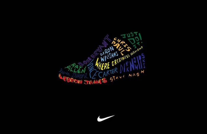 black background nike wallpaper iphone colorful sneaker in the middle made from names of famous basketball players