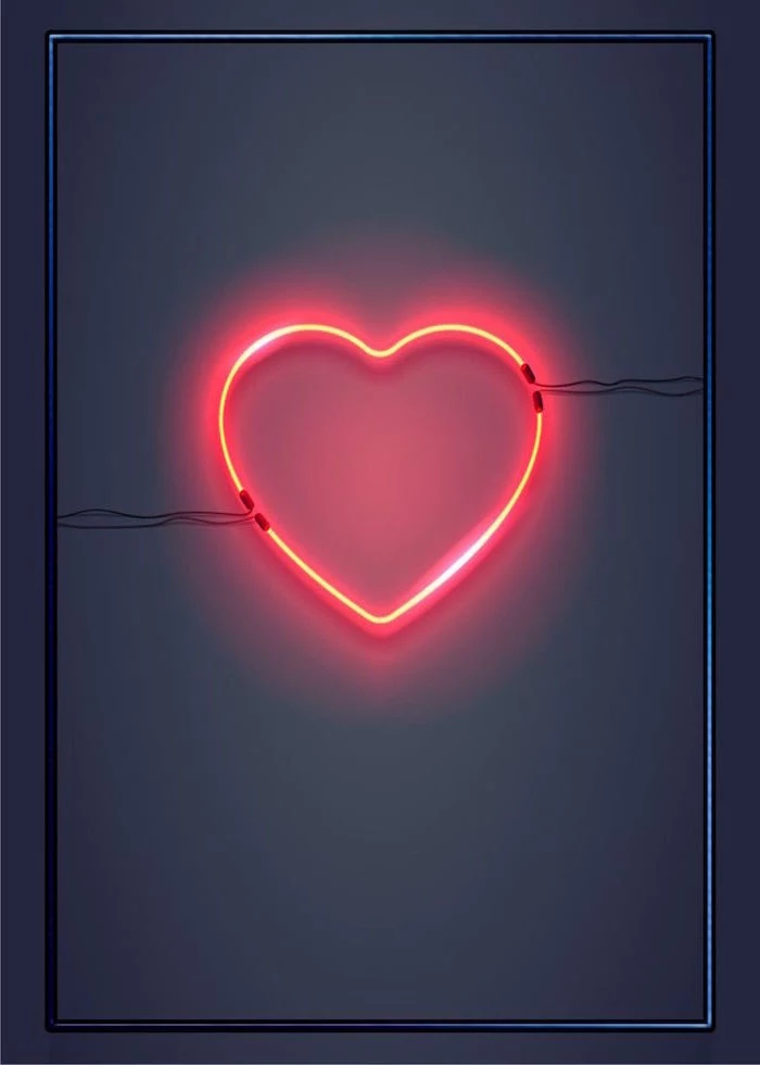 black gray background with dark frame valentine's day 2021 red neon heart in the middle