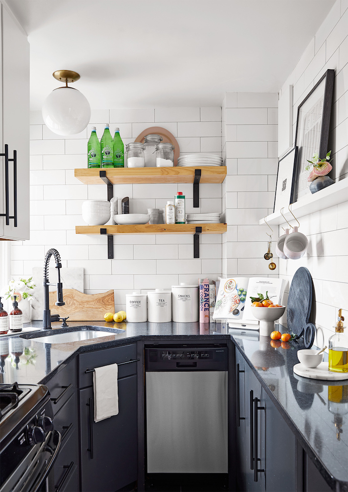 black kitchen cabinets dark gray granite countertops small kitchen remodel ideas open shelving on white subway tiles backsplash