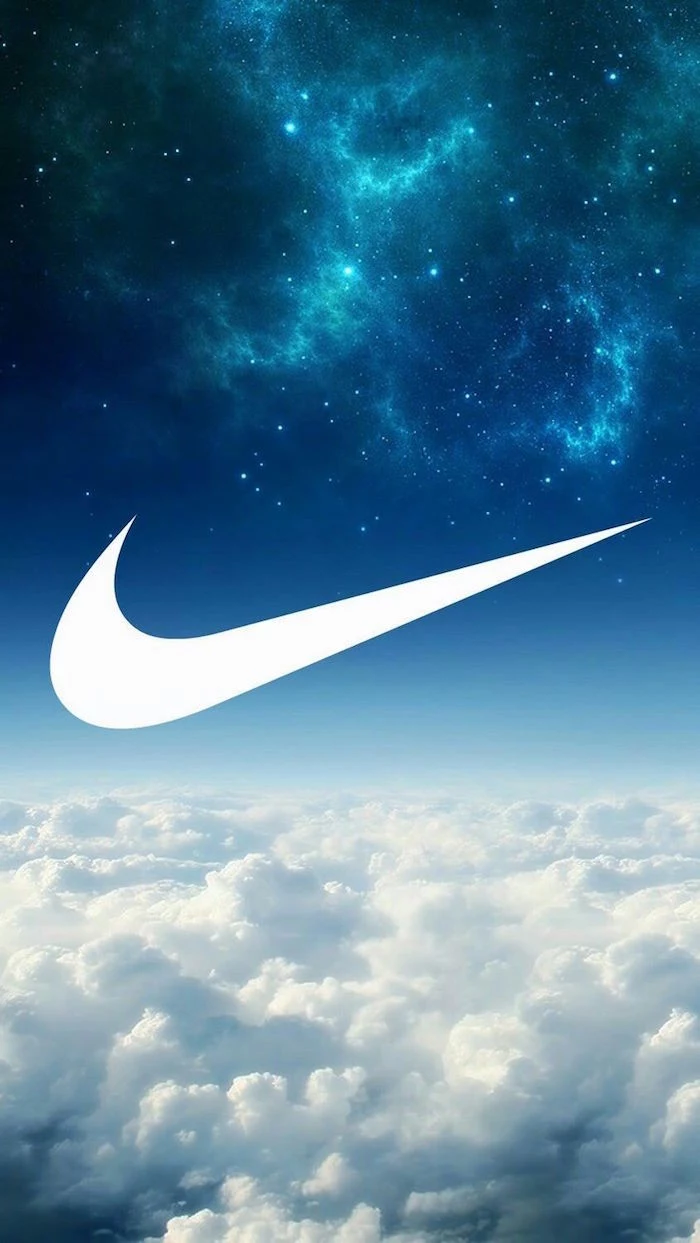 black nike wallpaper white nike logo in the middle clouds and blue galaxy sky in the middle
