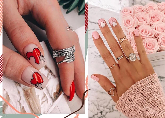 black outlines red hearts on one hand valentines nail designs 2021 pink and white nail polish on other side by side photos