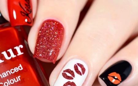 black white red and red glitter nail polish on medium length square nails valentines nail designs 2021 different decoration on each nail