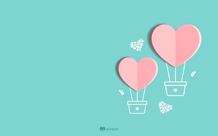 blue background valentines day background pink hearts drawn as hot air balloons with smaller hearts floating around them