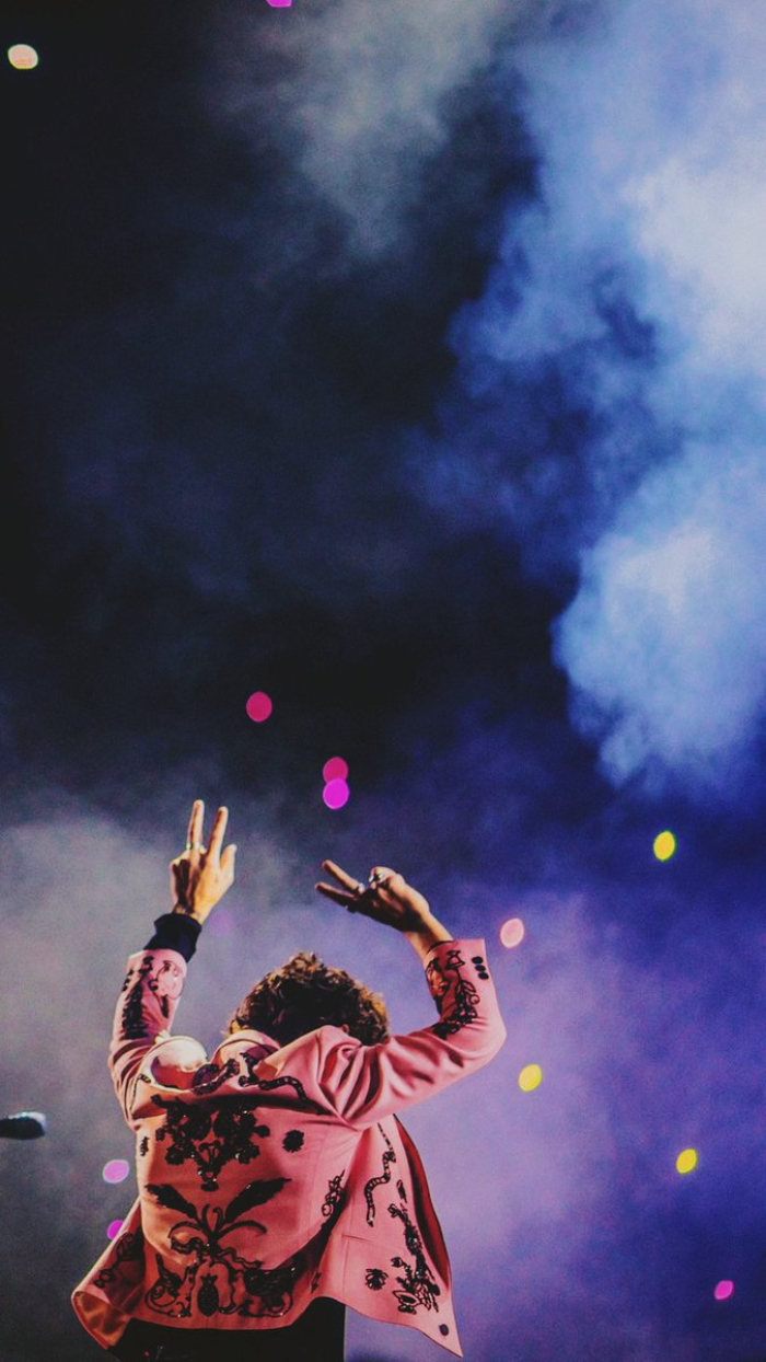 blue background with smoke harry styles desktop wallpaper harry wearing pink blazer putting piece sign up