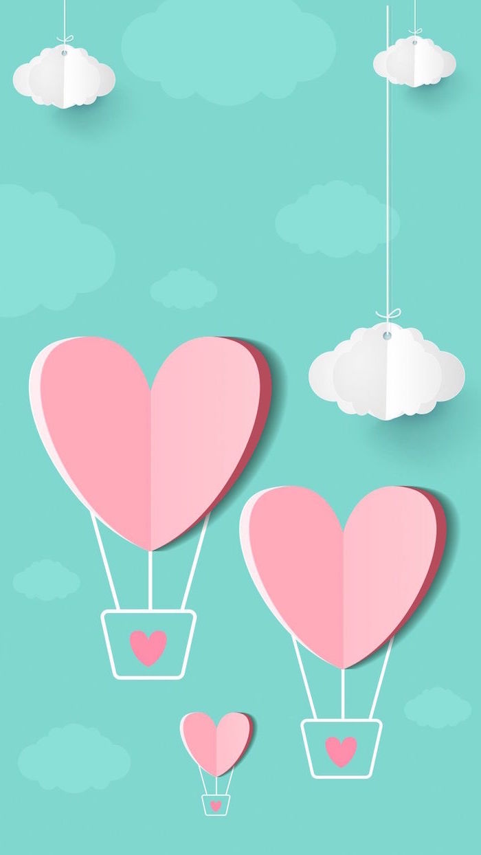 blue background with white clouds valentine's day 2021 three pink heart shaped hot air balloons