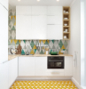 blue green yellow gray backsplash tiles white kitchen cabinets wooden countertops small kitchen design ideas