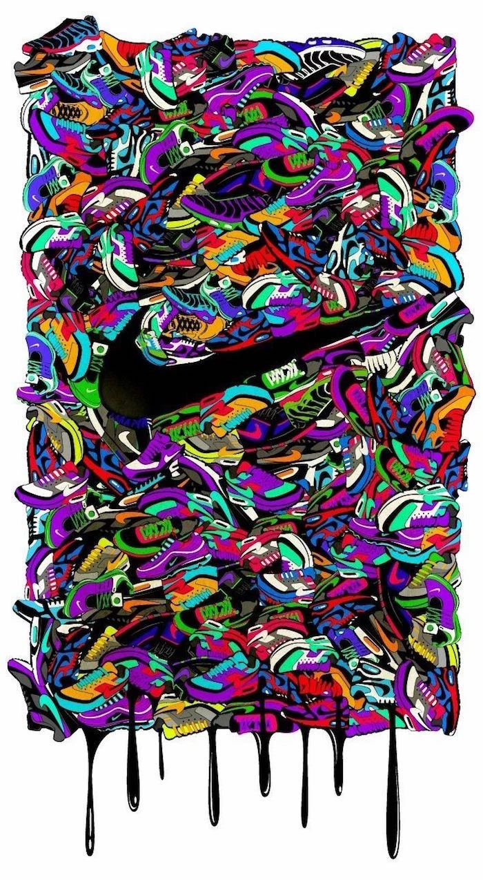 colorful sneakers drawn behind black nike logo in the middle on white background galaxy nike wallpaper