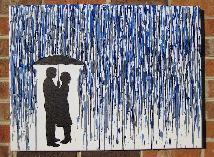 crayon art first valentine gift for boyfriend melted gray and blue crayons for rain over drawing of couple holding an umbrella