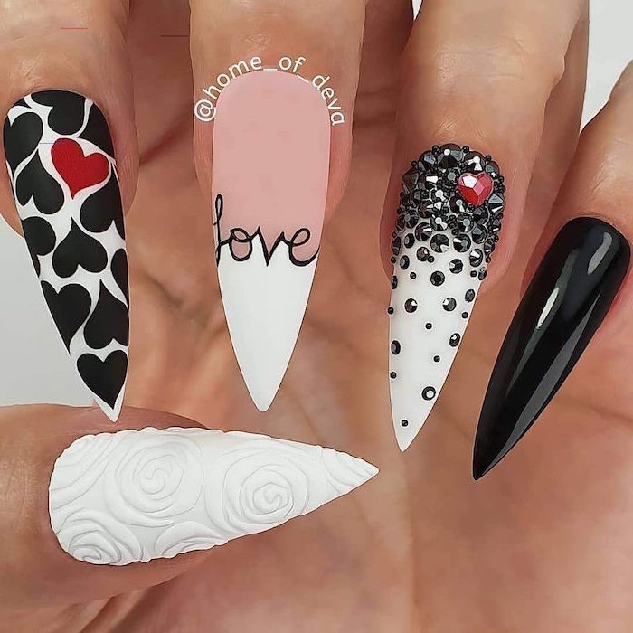 cute nail designs black white and beige nail polish with different designs on each nail long stiletto nails