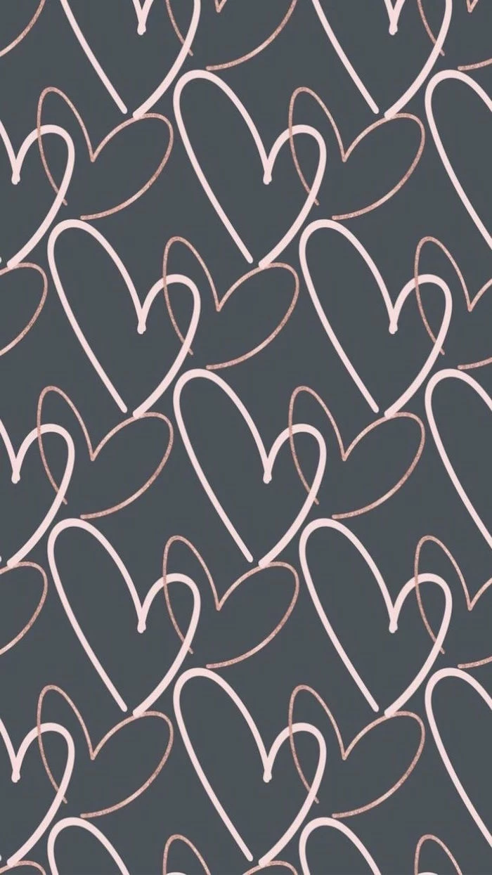dark gray background valentines day wallpaper lots of hearts drawn with rose gold outlines