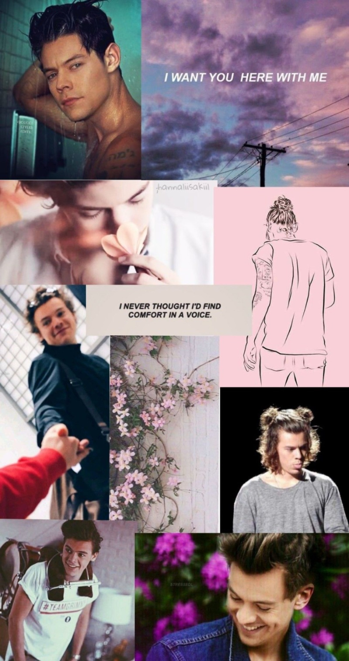 different photos of harry styles arranged in photo collage aesthetic harry styles mood board
