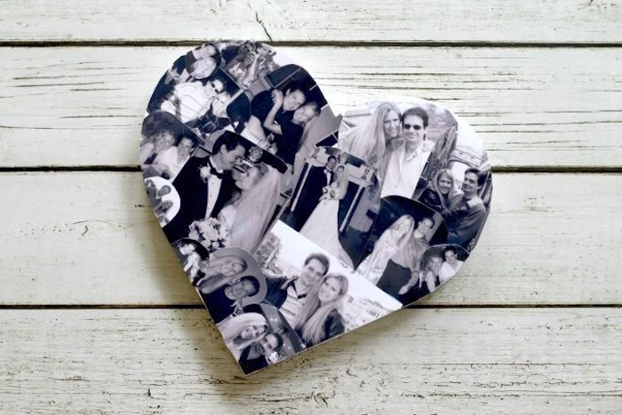 diy tutorial for wooden heart covered with black and white photos of a couple cute things to get your boyfriend for valentines day