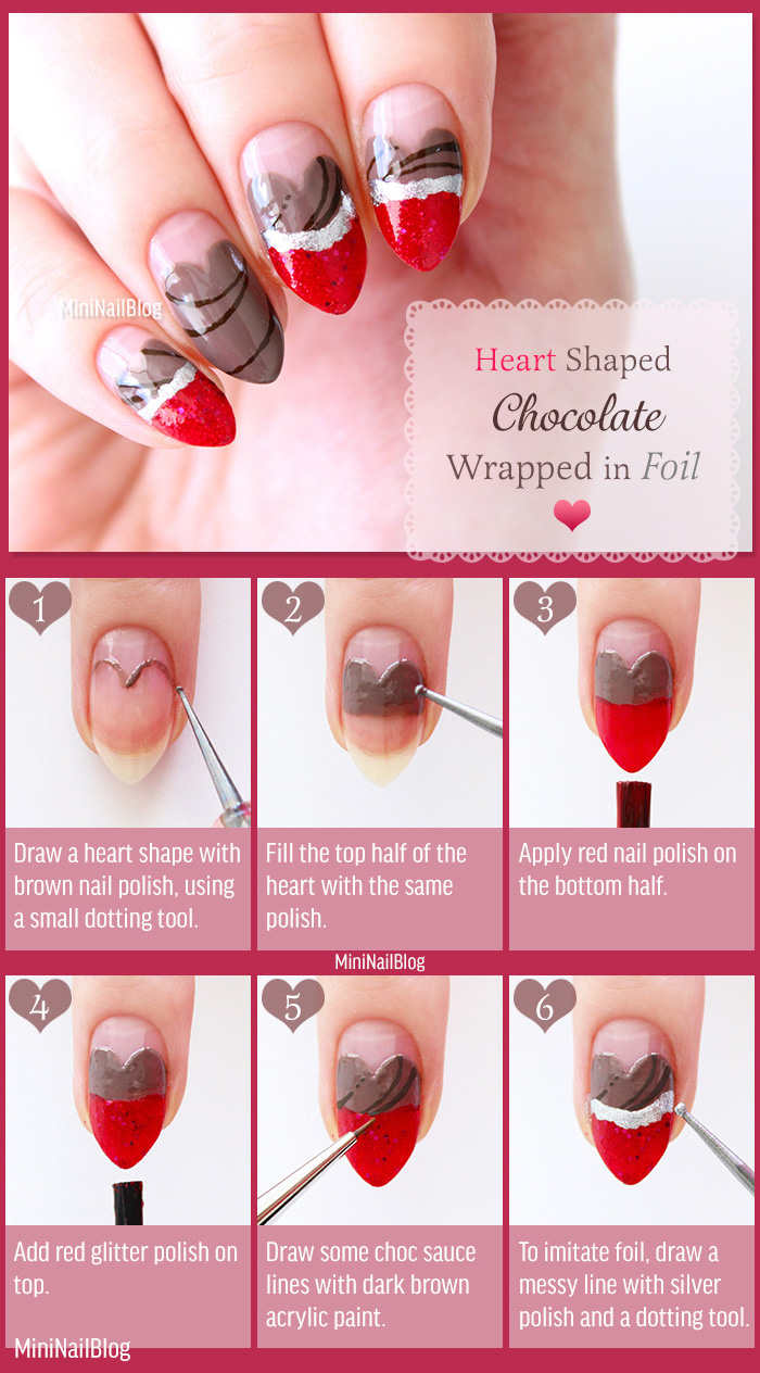 diy tutorial step by step valentines nail designs 2021 heart shaped chocolate wrapped in foil red and gray nail polish