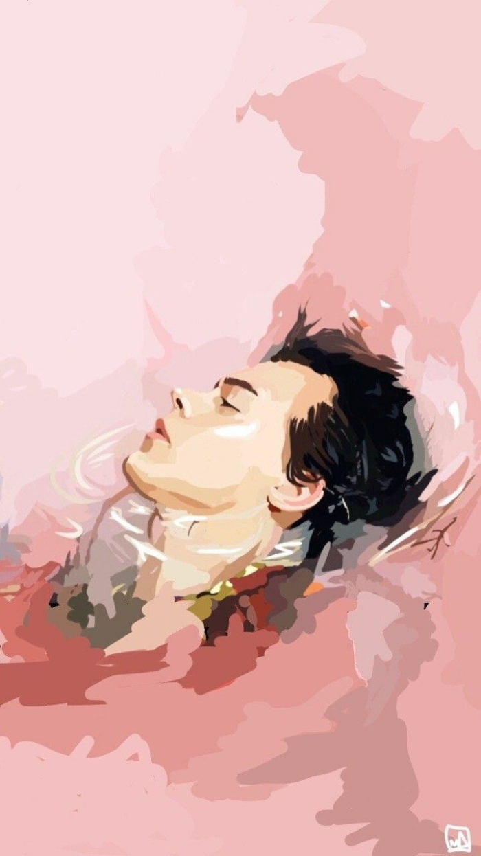 drawing of aesthetic harry styles profile pink and gray gradient background