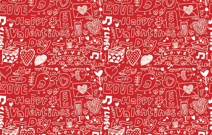 drawings of champagne flutes hearts love birds valentines background happy valentines day written in white on red background