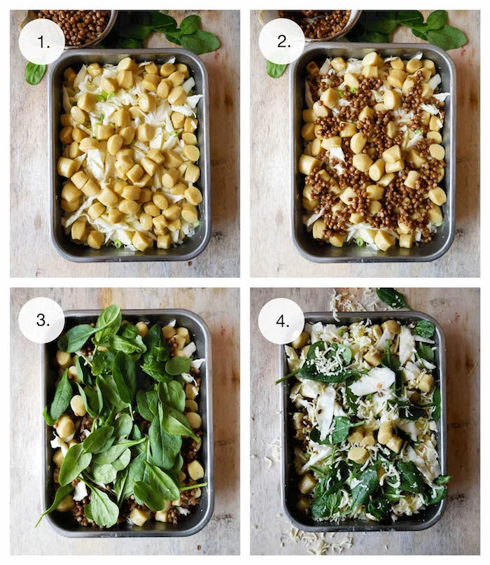 four step tutorial for easy vegan gnocchi healthy gnocchi recipes with cheese spinach nuts baked in black casserole
