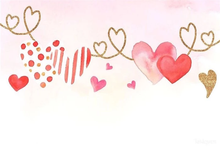 gold red and pink watercolor hearts drawn in different shapes and sizes on white background valentines day background