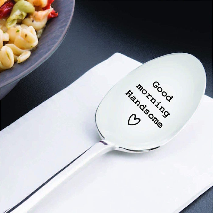 good morning handsome engraved on metal coffee spoon valentines gifts for him placed on white napkin