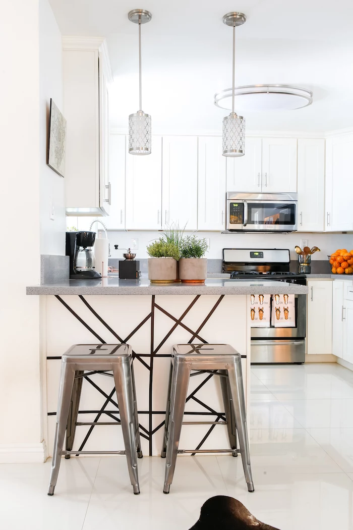 gray countertops white kitchen cabinets kitchen decor ideas silver metal bar stools white backsplash
