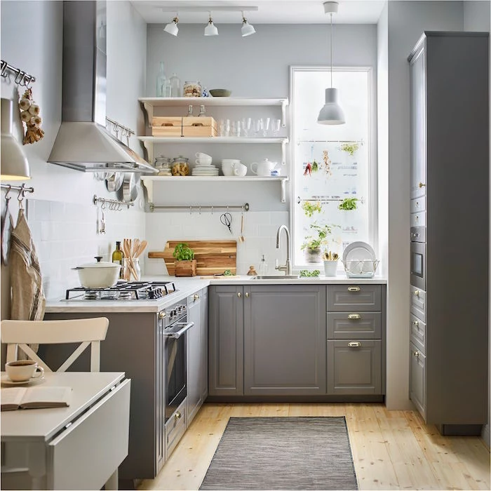 gray kitchen cabinets white tiled backsplash and countertop small kitchen design open shelving and wooden floor