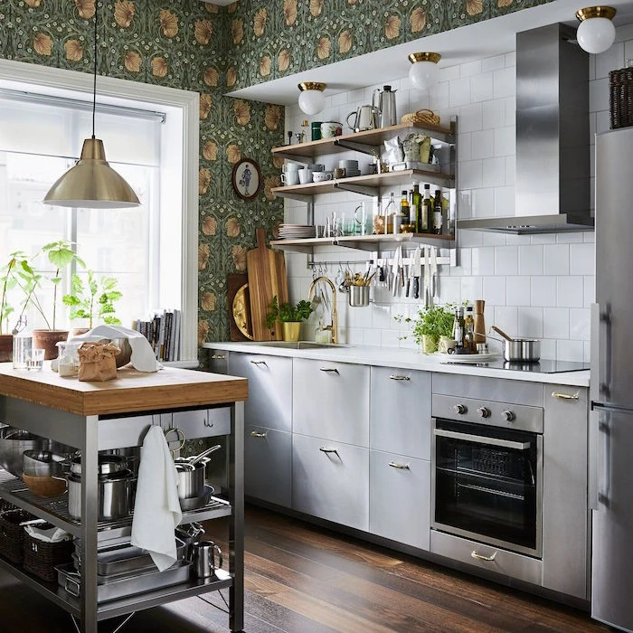 green floral wallpaper on the walls kitchen layout ideas gray kitchen cabinets white tiles backsplash open shelving