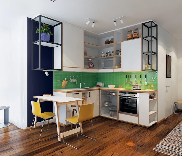 green tiled backsplash navy blue accent wall yellow chairs small kitchen design open shelving white cabinets
