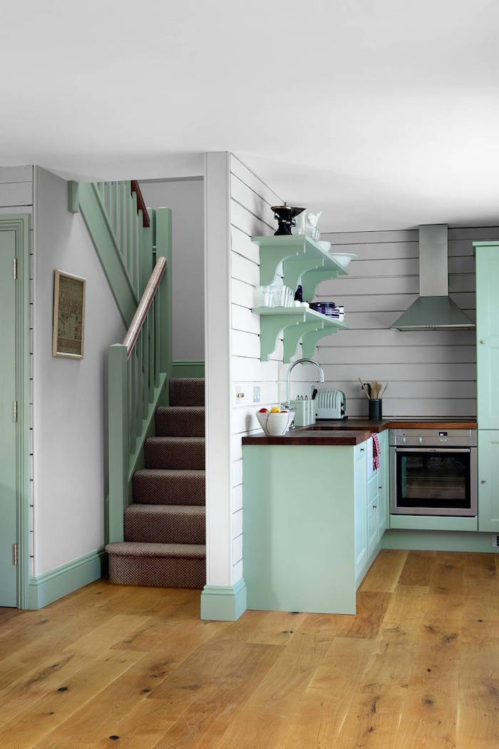 green wooden cabinets and open shelving with wooden countertop kitchen cabinet ideas white wooden shiplap backsplash