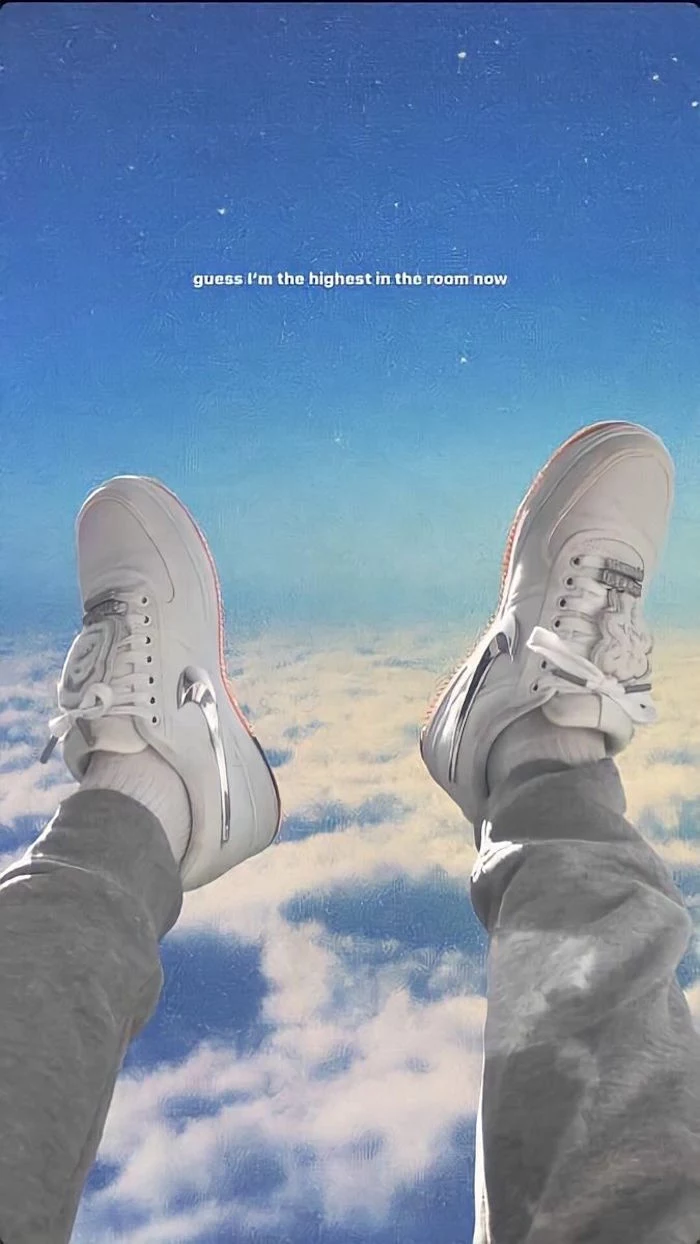 guess im the highest in the room now written on blue sky with clouds background nike shoes wallpaper white travis scott shoes