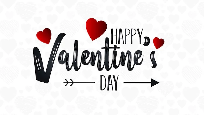 happy valentine's day written in black cursive font in the middle when is valentines day red hearts around it white background with gray hearts