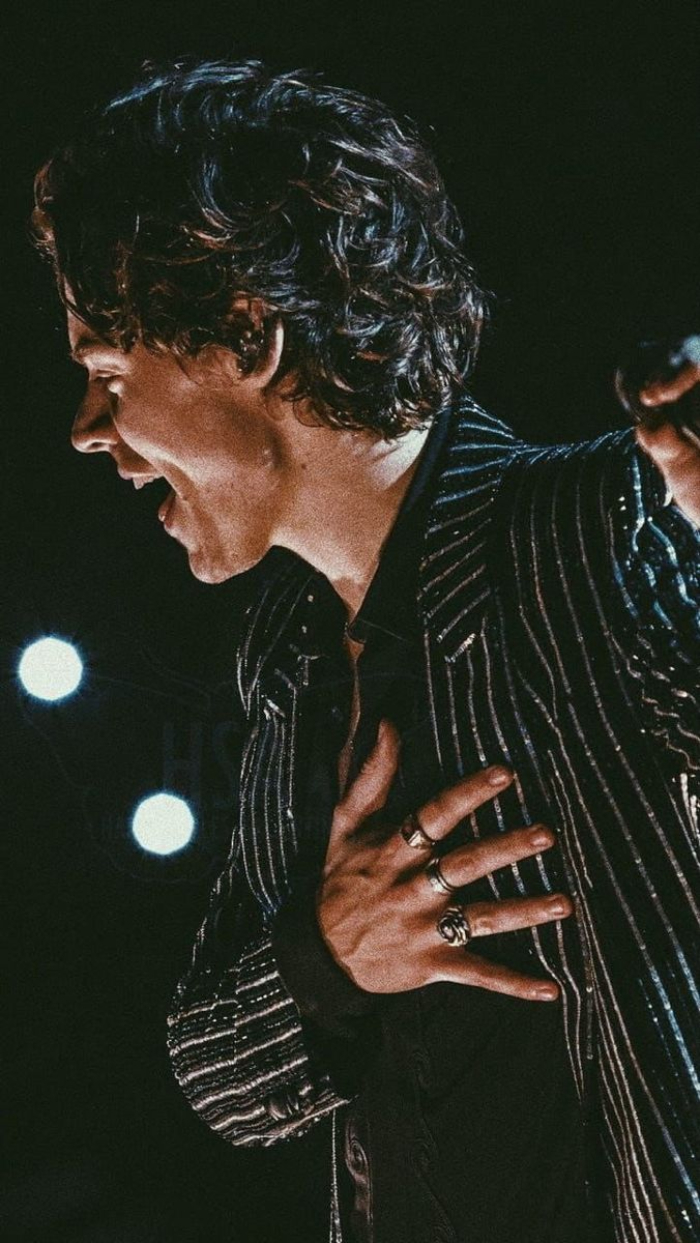 harry on stage wearing black striped suit black shirt harry styles aesthetic