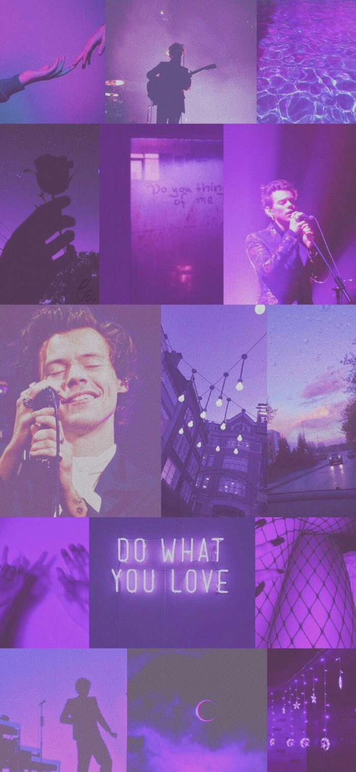 harry styles aesthetic wallpaper photo collage of different photos of harry styles purple mood board