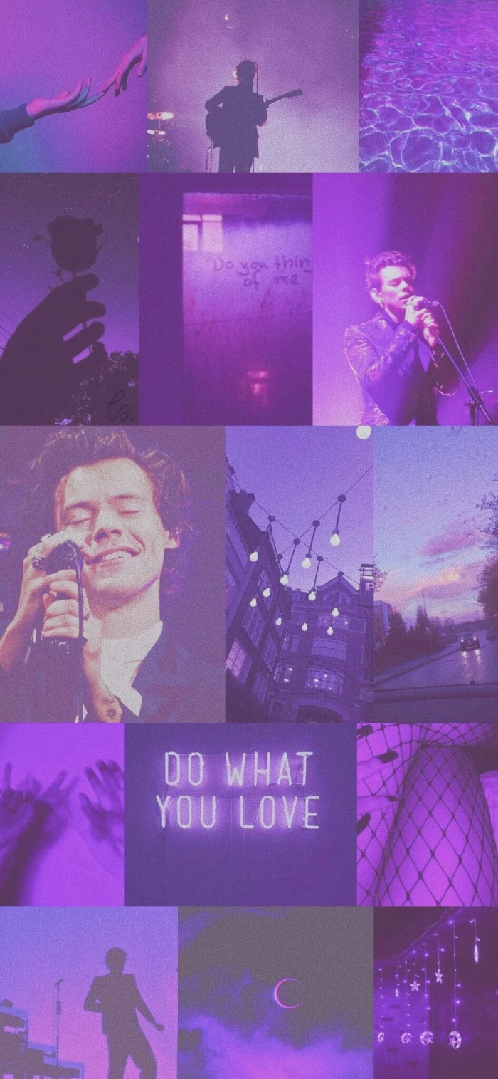 harry styles aesthetic wallpaper photo collage of different photos of harry styles purple mood board