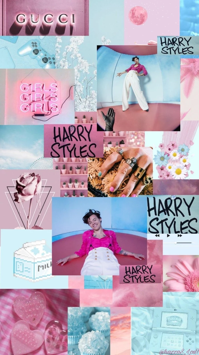 harry styles laptop wallpaper photo collage of different harry styles photos mood board in pink and blue