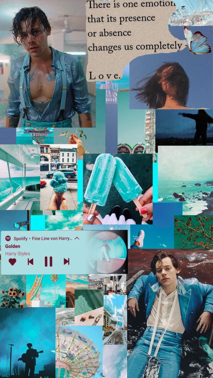 harry styles pictures photo collage mood board in blue with photos of harry golden playing on spotify