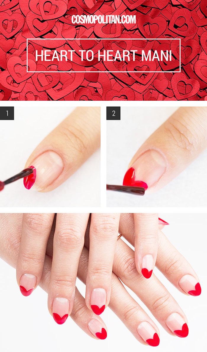 heart to heart mani step by step diy tutorial valentines day nail art red heart shaped french manicure