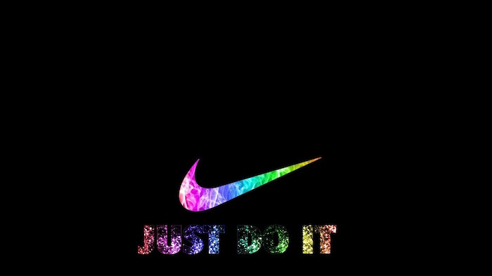 just do it written under nike logo on black background nike background in all colors of the rainbow