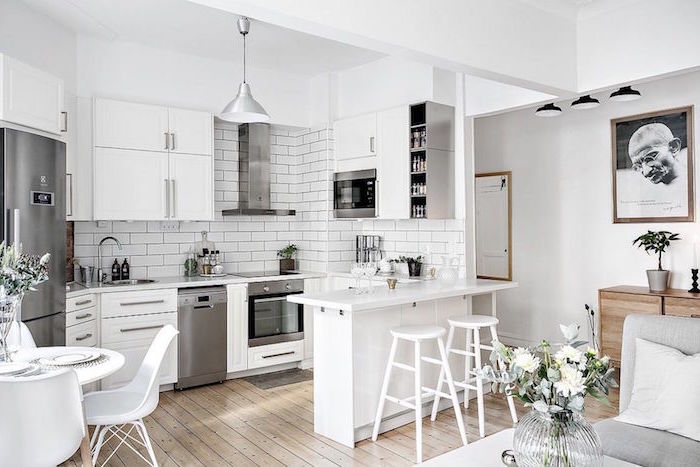 kitchen decor ideas white subway tiles backsplash white kitchen cabinets wooden floor white stools