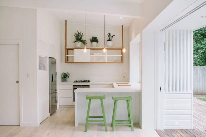 kitchen design ideas open wooden shelving white cabinets white countertops green bar stools