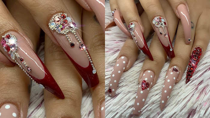 long coffin nails valentine nail designs beige and red nail polish decorated with lots of rhinestones