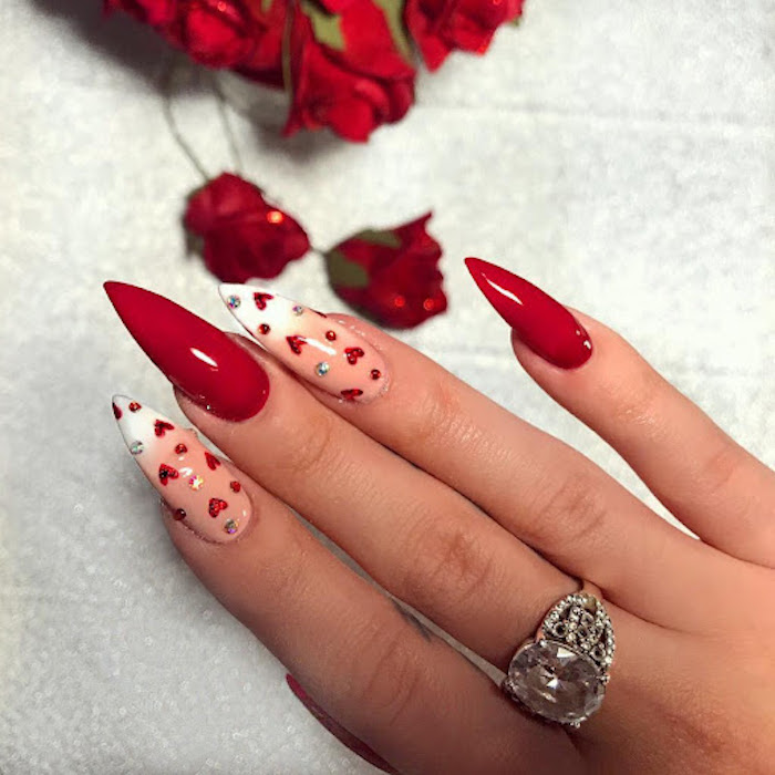 long stiletto nails valentines day nail ideas red beige and white ombre nail polish red hearts on ring and index finger