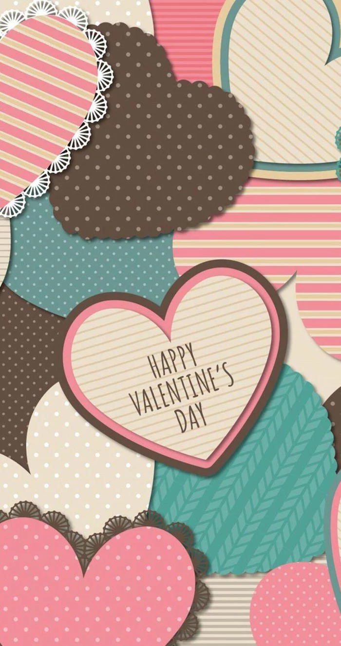 lots of hearts in different shapes and sizes and colors cute valentines day wallpaper brown pink blue happy valentine's day written on one