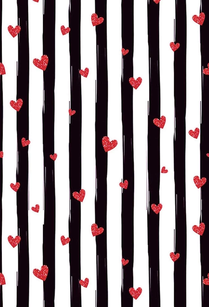 lots of red hearts drawn on black and white striped background valentines day wallpaper
