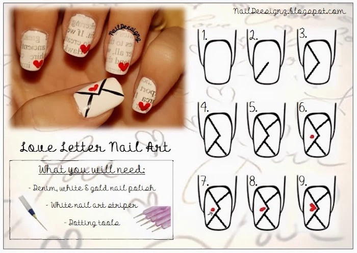 love letter nail tutorial step by step diy valentines day nails coffin shape white nail polish red hearts decorations
