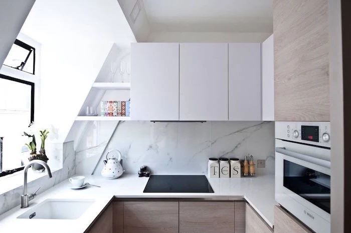 marble backsplash white and wooden kitchen cabinets white countertop kitchen layout ideas