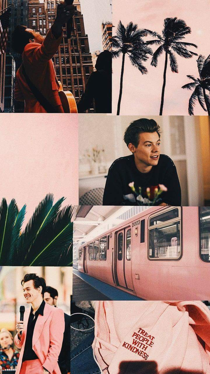 mood board in pink and green harry styles pictures photo collage treat people with kindness