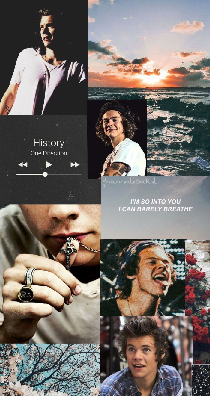 mood board photo collage of old photos of harry styles pictures history playing im so into you i can barely breathe written
