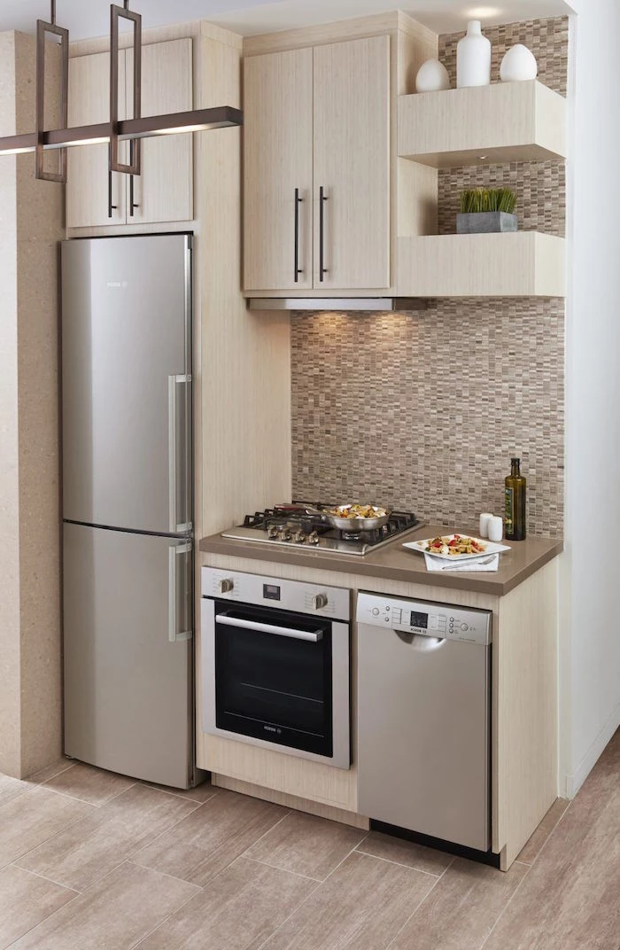 mosaic backsplash in beige wooden kitchen cabinets wooden floor kitchen design ideas open shelving